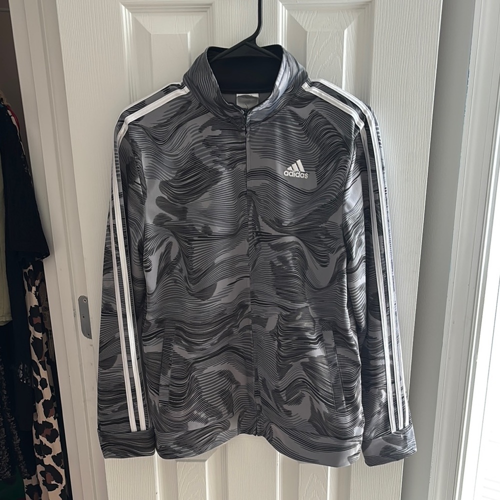 Adidas Gray Camouflage Track Jacket with Three-Stripe Design